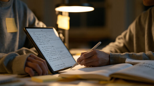 Single spaced repetition flashcard app screen close up, a university student's stylus hovering over an anatomy term, dim dormitory desk lamp illuminating sticky notes and a open physiology textbook 