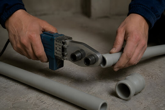 Electric plastic pipe welding tool used by plumbers for connecting and sealing plastic plumbing pipes. Professional PPR pipe fusion machine for water supply and heating system installation. Industrial