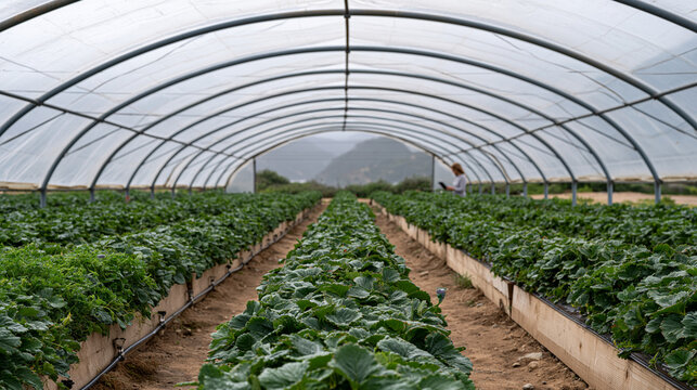 Rain-soaked strawberry fields with irrigation sensors visible between raised beds, farm data analyst sheltering under translucent polytunnel reviewing harvest readiness algorithm output on ruggedize