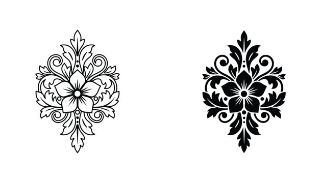 Ornate floral damask ornament with blooming flower and scrolling leaves vector art