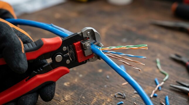 Technician stripping insulation from blue ethernet cable with professional wire strippers.