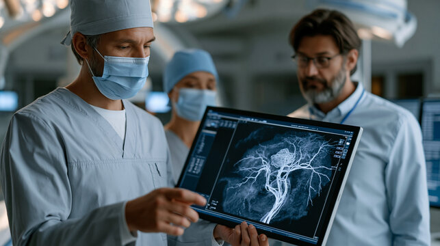 Neurosurgical team reviews a patient-specific brain aneurysm three-dimensional reconstruction in an interventional suite prep area, the attending rotating a vessel rendering to assess coil deploymen