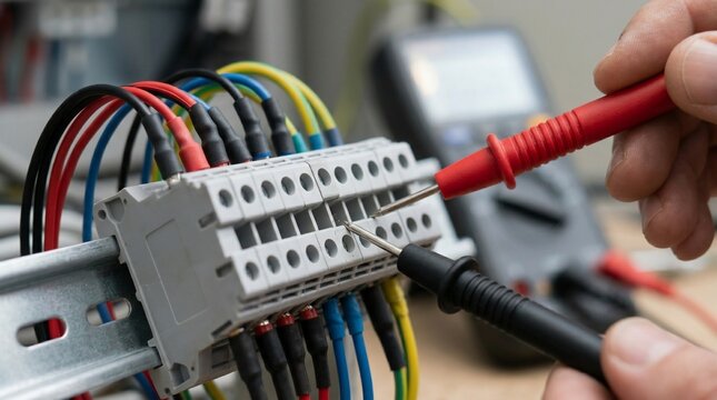 Technician using a multimeter to test electrical terminal blocks.