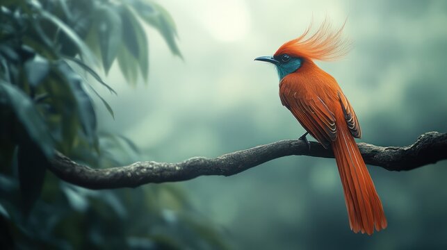 Tropical Bird Perched on Branch, Misty Forest