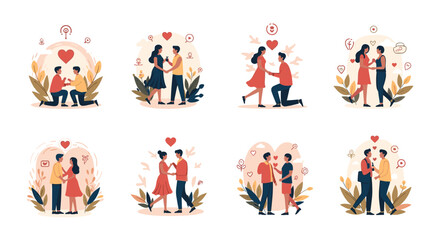 Fototapeta premium Diverse collection of romantic couples in various poses such as proposing and holding hands surrounded by hearts for valentines day celebration.