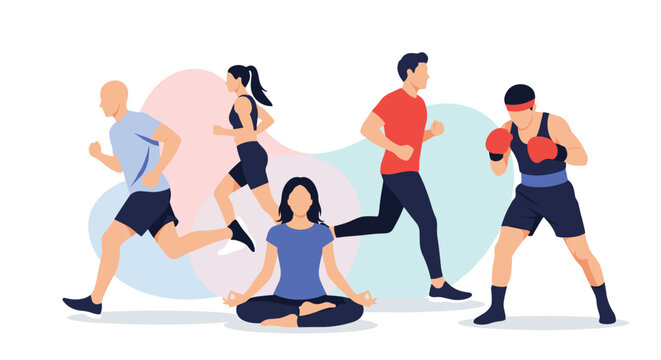 Diverse group of people participating in various sports activities including running yoga and boxing for fitness and healthy lifestyle promotion.