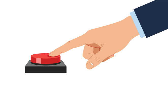 Close up of a hand about to press a large red emergency button on a dark gray base representing a critical decision or launching a process.