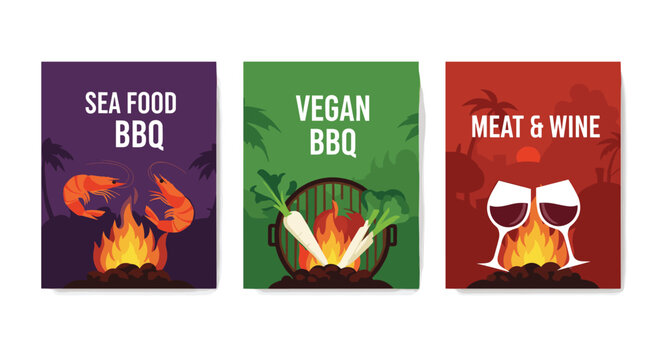 Three flyer designs for outdoor BBQ events featuring seafood vegan and meat and wine themes with bonfire illustrations and tropical silhouettes.