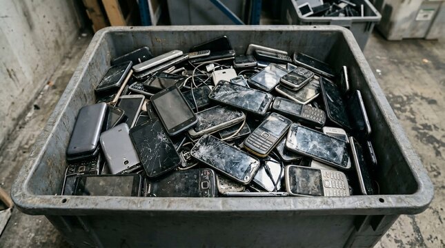 A large plastic bin filled with a pile of old discarded mobile phones for recycling.
