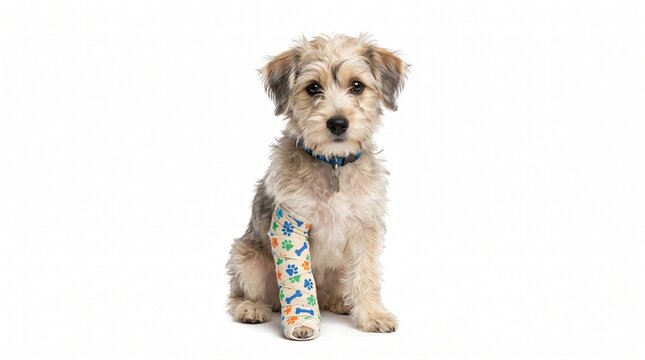 Injured puppy with leg cast on white background, small mixed breed dog with broken leg bandage, veterinary pet healthcare concept