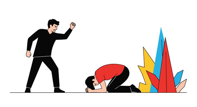 Illustration of a man shouting at another person who is cowering on the ground representing workplace bullying and emotional abuse concepts.