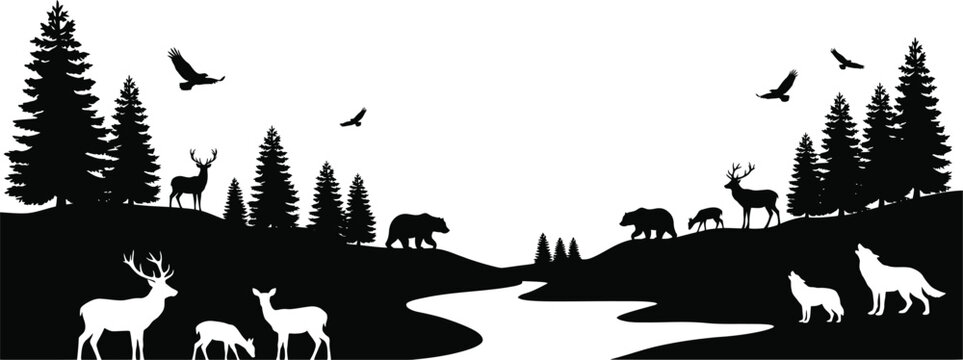 Black and white forest landscape with animals Vector
