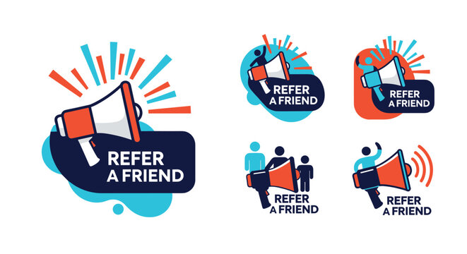 Set of marketing icons for a refer a friend program featuring people with megaphones and speech bubbles for business growth and promotion.