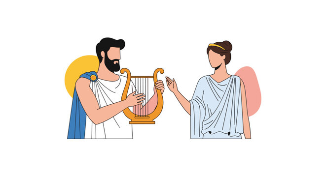 Ancient Greek man with a beard plays a golden lyre for a woman wearing a traditional chiton in a classical illustration with colorful shapes.