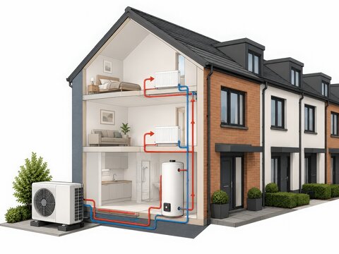 Residential Heat Pump Water Heater and Plumbing Cutaway Illustration