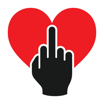 Hand giving the finger in front of a heart symbol, rude gesture of love and hate, mix of affection and insult