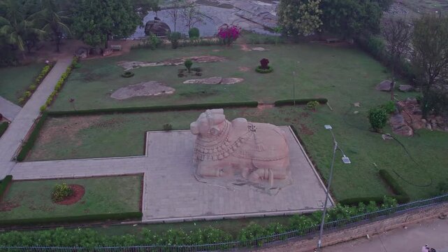 Drone view of lepakshi temple monolithic nandi statue showcasing ancient stone sculpture heritage