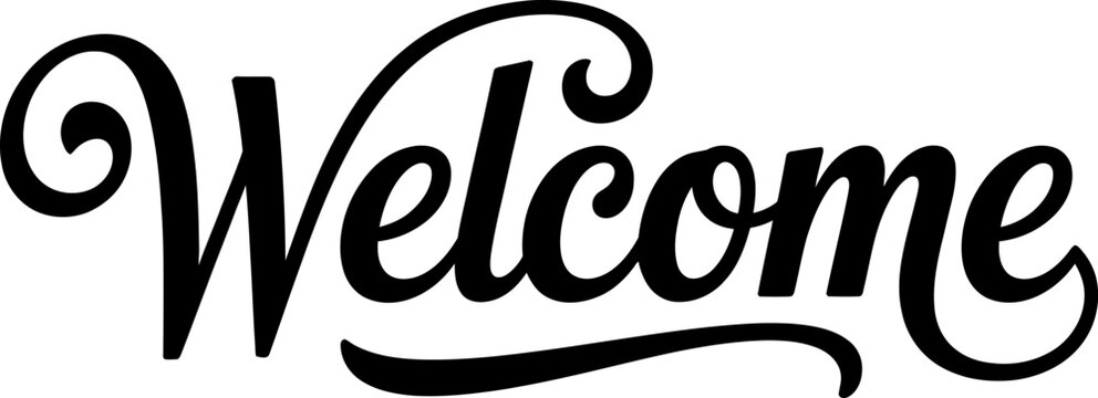 Black welcome word written in a beautiful cursive calligraphy script font for signage and greeting cards design elements Vector, illustration