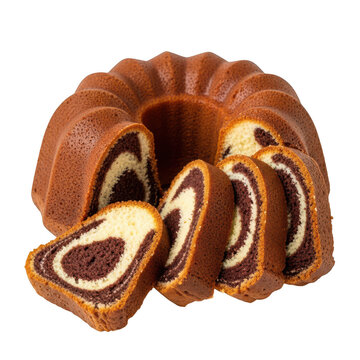 Marble bundt cake with sliced pieces isolated on a transparent background
