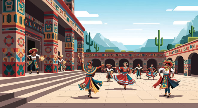 Traditional Mexican dancers in colorful outfits.