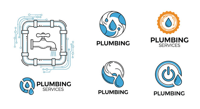Professional plumbing service logo set featuring water drops pipes and faucet icons in blue and orange for business branding.