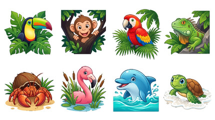 Naklejka premium Set of Cute Cartoon Tropical Animal Icons Featuring Toucan Monkey Parrot Iguana Hermit Crab Flamingo Dolphin and Sea Turtle