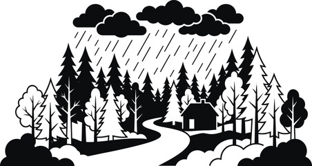 Obraz premium Black and white illustration of house on rainy road in forest Vector
