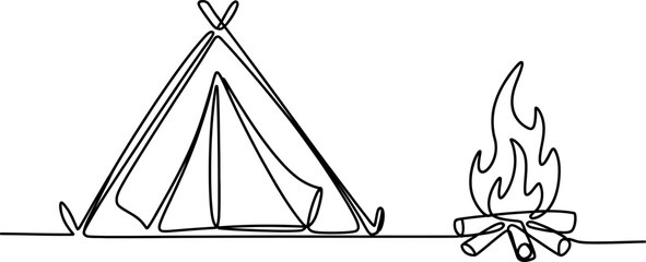 A single continuous line drawing of a camping tent and a small burning campfire for outdoor travel and nature adventure concept illustration Vector, illustration © RK Drawing Gallery