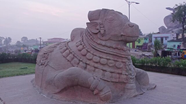 Closeup view of lepakshi temple monolithic nandi statue showcasing ancient stone sculpture heritage