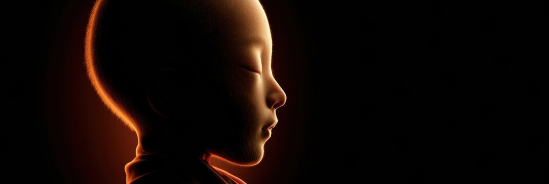 A human fetus at 34 weeks floats in profile view with eyes closed. Light highlights the skin details against a dark background.