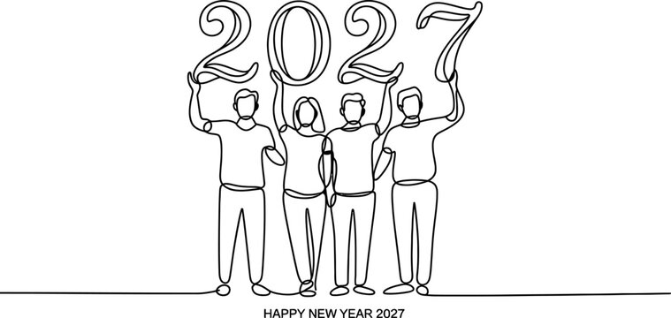 Group of four happy people holding the year 2027 numbers together in a continuous single line drawing style for a simple happy new year celebration Vector, illustration