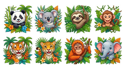 Obraz premium Set of cute cartoon jungle animal icons with panda koala sloth monkey tiger leopard orangutan and elephant peeking through tropical leaves