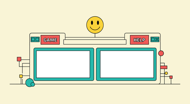 Retro style gaming interface design featuring a yellow smiley face character and empty screens for app development or website headers.