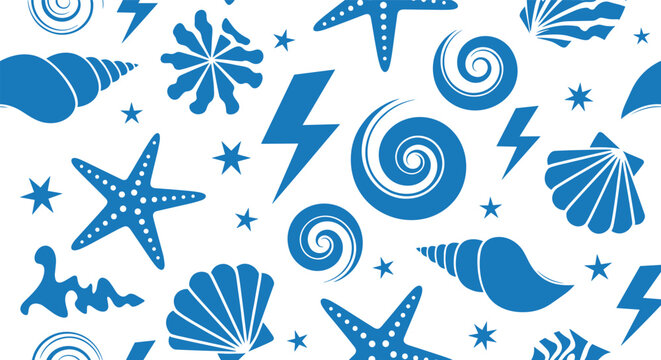 Vibrant blue seamless pattern featuring marine elements like starfish and seashells mixed with dynamic lightning bolts for summer and energetic designs.