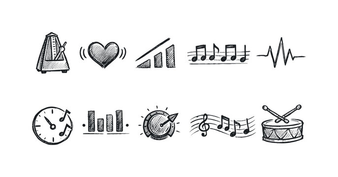 Collection of hand-drawn music and rhythm icons in a simple sketch style