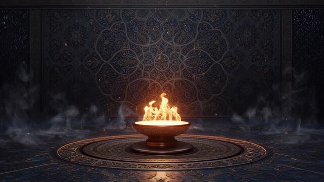 Sacred flame flickering in ornate bowl within a dark, patterned temple for ancient rituals.