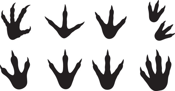 Diverse black silhouette reptile or dinosaur footprints with distinct clawed tracks on white background