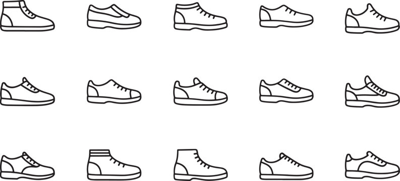 Black and white line of various footwear styles line footwear