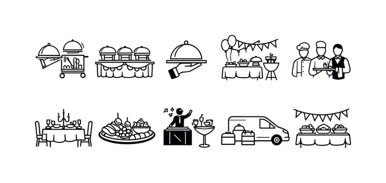 Catering service icons depicting food service, delivery, and event setup