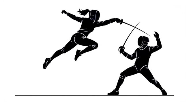 Female swordswoman airborne attack in dramatic sword duel silhouette vector set