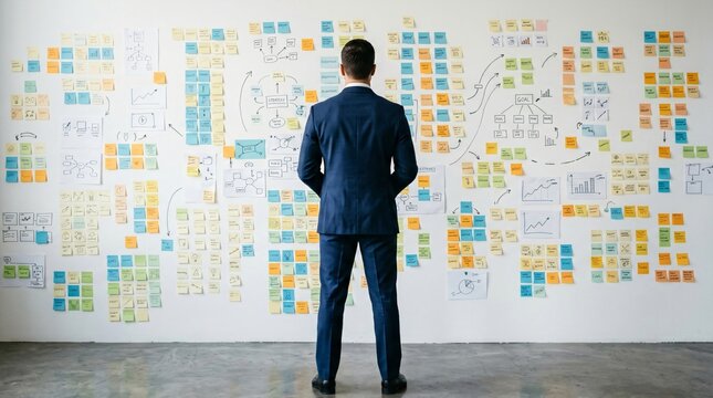 Businessman looking at wall covered with colorful sticky notes. Strategic planning and project management. Professional manager tracking business tasks, ideas and corporate workflow.