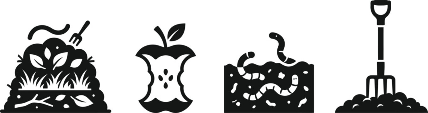 Composting process with garden waste, apple core, worms, and shovel