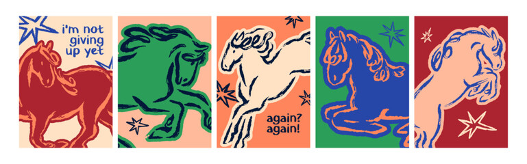 Naklejka premium Horse posters set in doodle scribble style. Equine animal cards, crayon sketch drawings and motivational phrases. Hand-drawn equestrian postcards with chalk scribbles. Flat vector illustrations