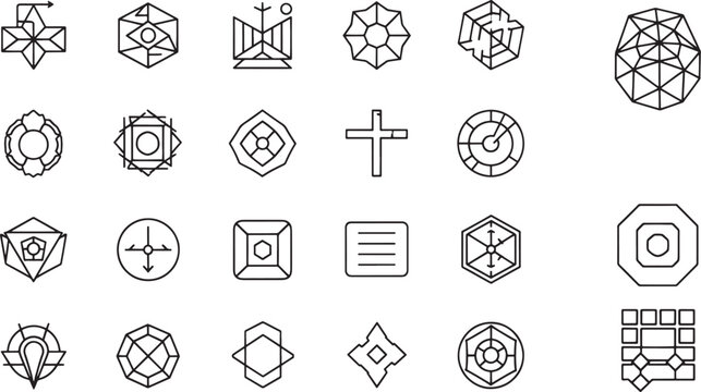 Collection of geometric shapes, symbols, and abstract patterns in black and white
