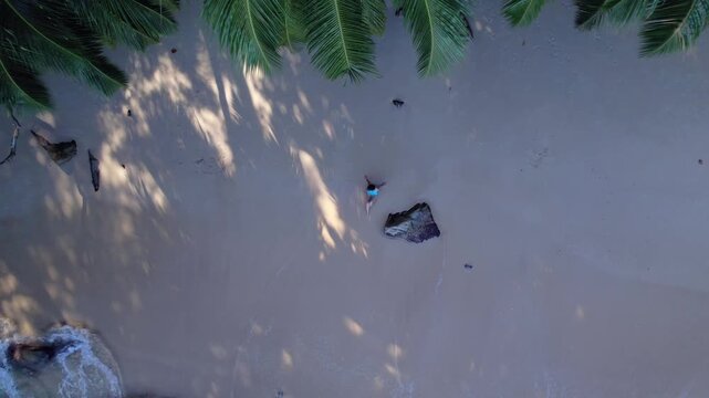 Drone rocket shot revealing a woman sitting on the white sands of Sunset Beach, Seychelles, framed by lush coconut palms and turquoise waves 30fps 001