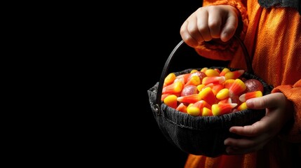 Naklejka premium Child holding a basket of Halloween candy corn for trick-or-treat in orange costume