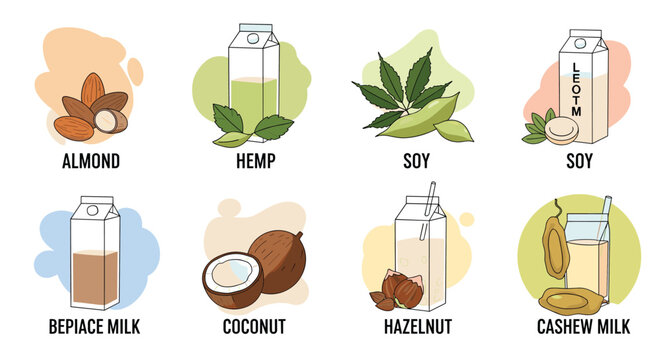 Informative set of plant based milk alternatives includes almond, hemp, soy, coconut, hazelnut, and cashew options with their ingredients.
