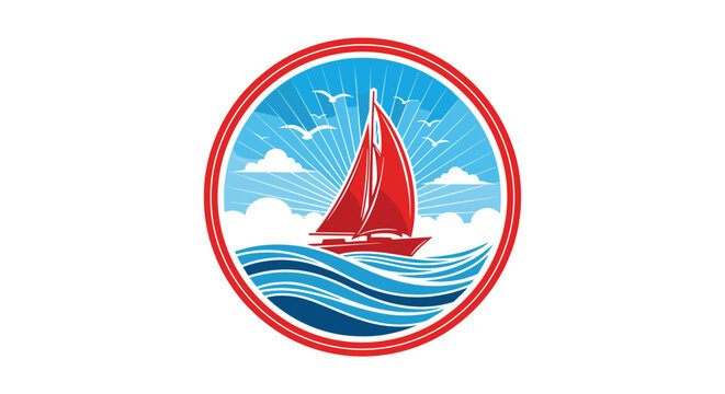 Nautical sailing boat emblem features a red sailboat on ocean waves with a sunburst sky and seagulls in a circular frame.