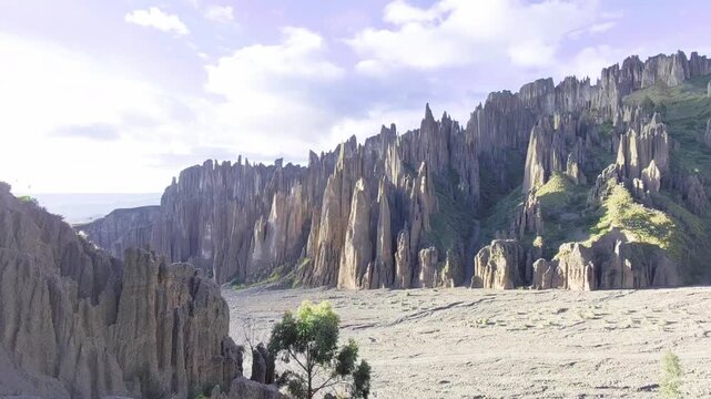 Cinematic Aerial View of Valle de las &Aacute;nimas Rock Formations in La Paz, Bolivia