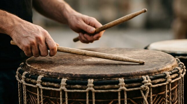 African man playing djembe drum. Musicians performing percussion music at outdoor cultural festival. Traditional rhythmic drumming, heritage celebration and ethnic musical performance.